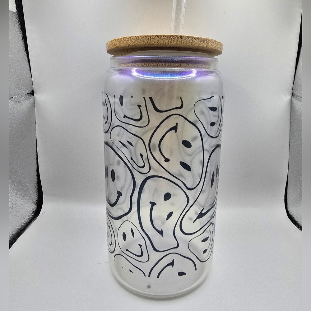 Irridescent Smiley Glass Tumbler Includes Lid & Straw